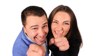 Fototapeta premium Man and woman with funny faces isolated over white background