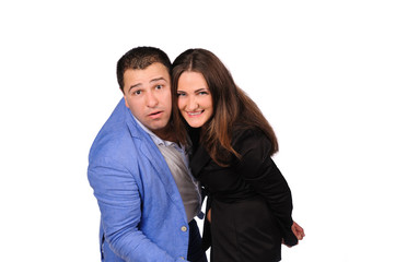 Man and woman with funny faces isolated over white background