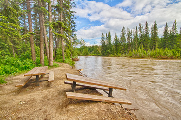 Damaged picnic area beside the Bow River after the 2013 Calgary flood.
