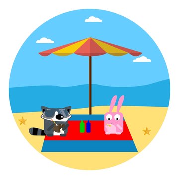 Summer in the beach activities cartoon set