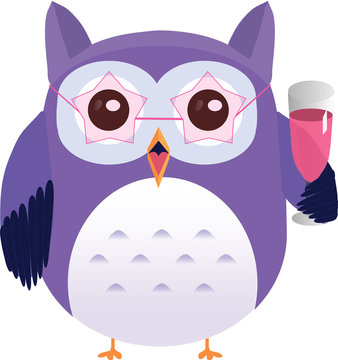 Cute vector purple owl with glass at party