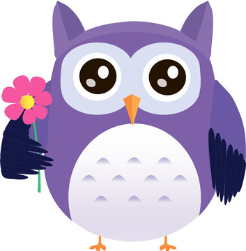 Cute vector purple owl with pink flower