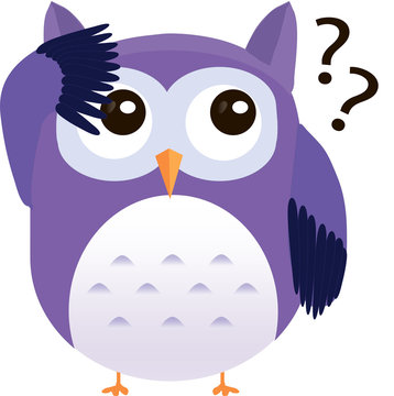 Perplexed cute vector purple owl with question marks