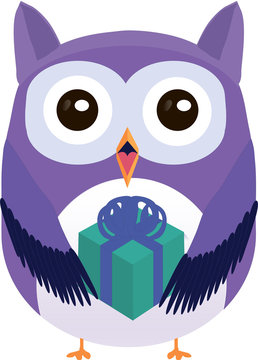 Happy cute vector purple owl with gift