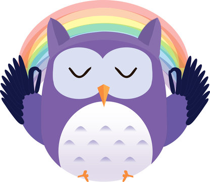 Cute vector purple owl relax in lotus position with rainbow on b