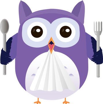 Cute vector purple owl with fork and spoon ready to eat