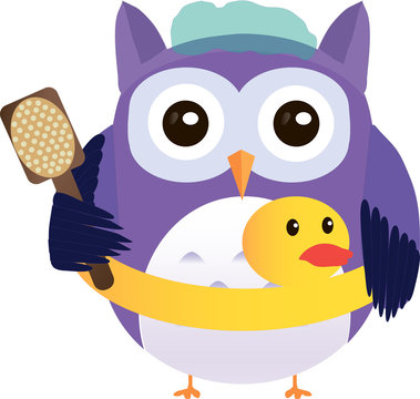 Cute vector purple owl with brush and rubber duck is preparing t