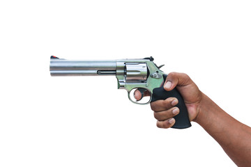 hand holding revolvers on isolate white background