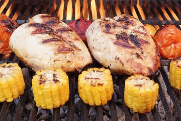 Barbecue Roast Chicken Breast With Vegetables On The Grill