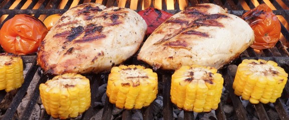 Barbecue Roast Chicken Breast With Vegetables On The Grill