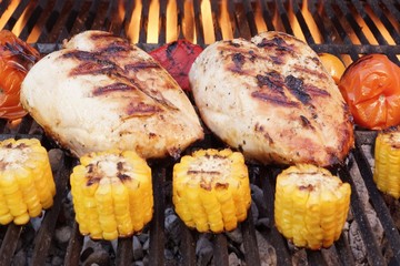 Barbecue Roast Chicken Breast With Vegetables On The Grill