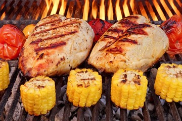 BBQ Roast Chicken Breast With Vegetables On The Grill