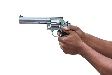 two hand holding gun revolvers on isolate background