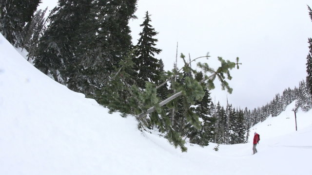 Snowboarder heads down powder slope
