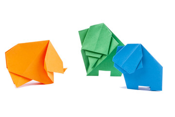 Three origami elephants - white background