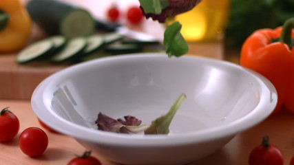 Salad falling into bowl, slow motion