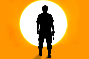 silhouette rear of man standing hand hold gun