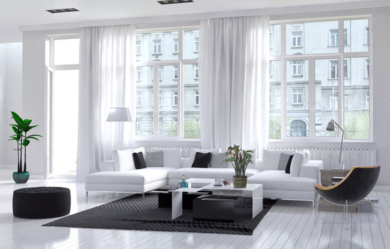 Modern living room with white and black decor
