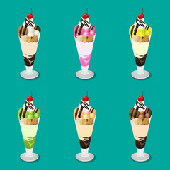 Set of Ice cream Parfait with red cherry on top in six flavor