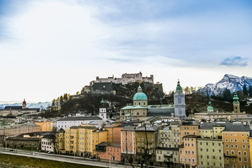 Top view on Salzburg city and Hohensalzburg fortress at winter,