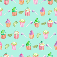 Seamless pattern with muffins, lime and candy painted in watercolor, on a mint background