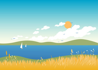 Summer landscape at the beach and wheat field. Vector illustration