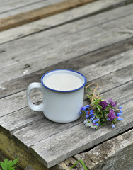Fototapeta na wymiar Cup of milk with flower bunch on wooden planks, vertical