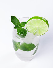water with ice, mint, lime