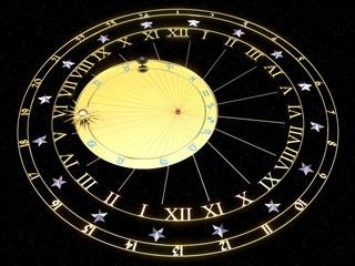 Astronomical clock in gold with zodiac signs