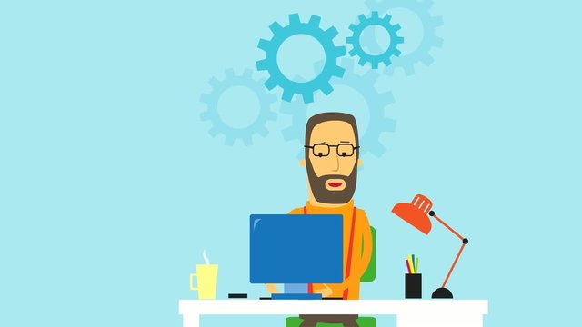Flat design animation of a businessman working on his computer with gear wheels appearing on the background. 