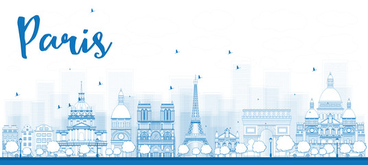 Outline Paris skyline with blue landmarks