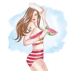 Watercolor vintage fashion illustration of pin up girl with sailor hat and watermelon