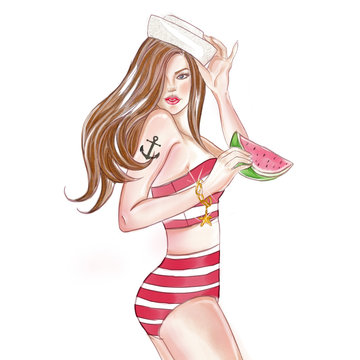 Watercolor vintage fashion illustration of pin up girl with sailor hat and watermelon
