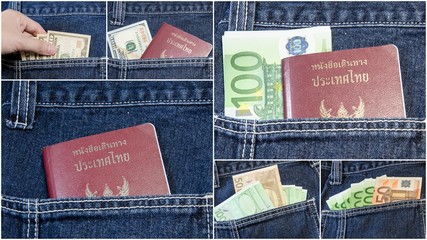 different banknotes with passport in jeans