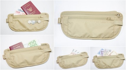 different banknotes with passport in waist bag