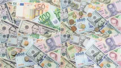 many different currency in coins and banknotes