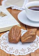 Homemade chocolate madeleines with a cup of coffee