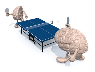 two half brains with arms and legs that playing to table tennis