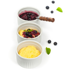 Pudding with Blueberry on White Background. Selective focus.