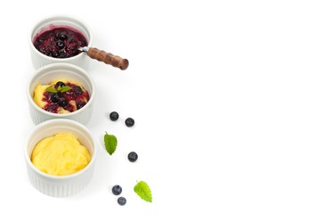 Pudding with Blueberry on White Background. Selective focus.