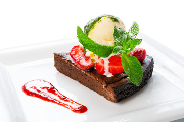 Restaurant dessert - brownie cake with ice cream