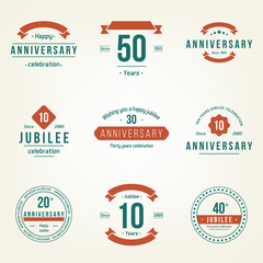 Vector set of anniversary signs, symbols. 10, 20, 30, 40, 50 years jubilee design elements collection.