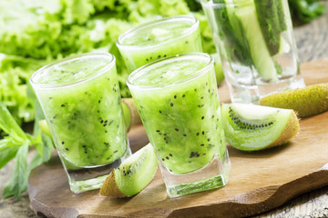 Green healthy drink fresh fruit and vegetables, selective focus