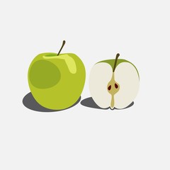 Two green apple. Half of apple and whole apple. Vector eps 10.
