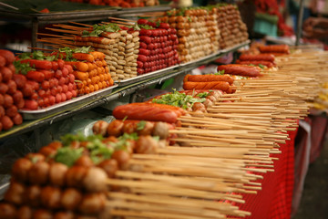 Meat balls and sausages on stick, Chatuchak Market, Bangkok, Thailand