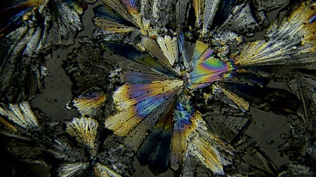 Zuckerkristalle unter Polarisationsmikroskop. Die Drehung des polarisierten Lichtes ver&auml;ndert die Farben der Zuckerkristalle.