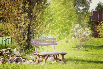 bench on the lawn in the village