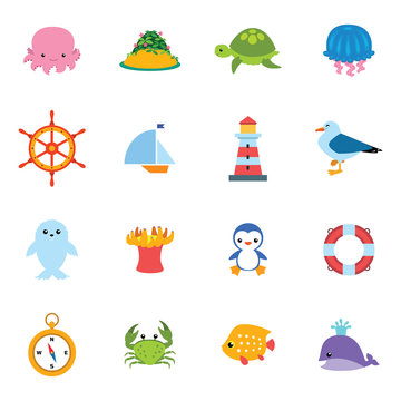 Set of cartoon flat sea icons