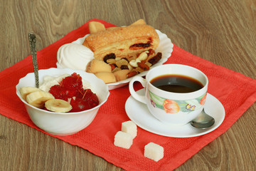 Breakfast with coffee and cream dessert