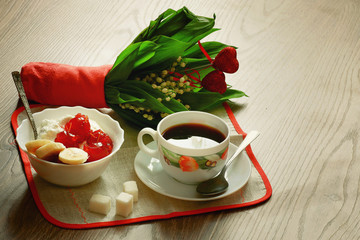 Breakfast with coffee and cream dessert